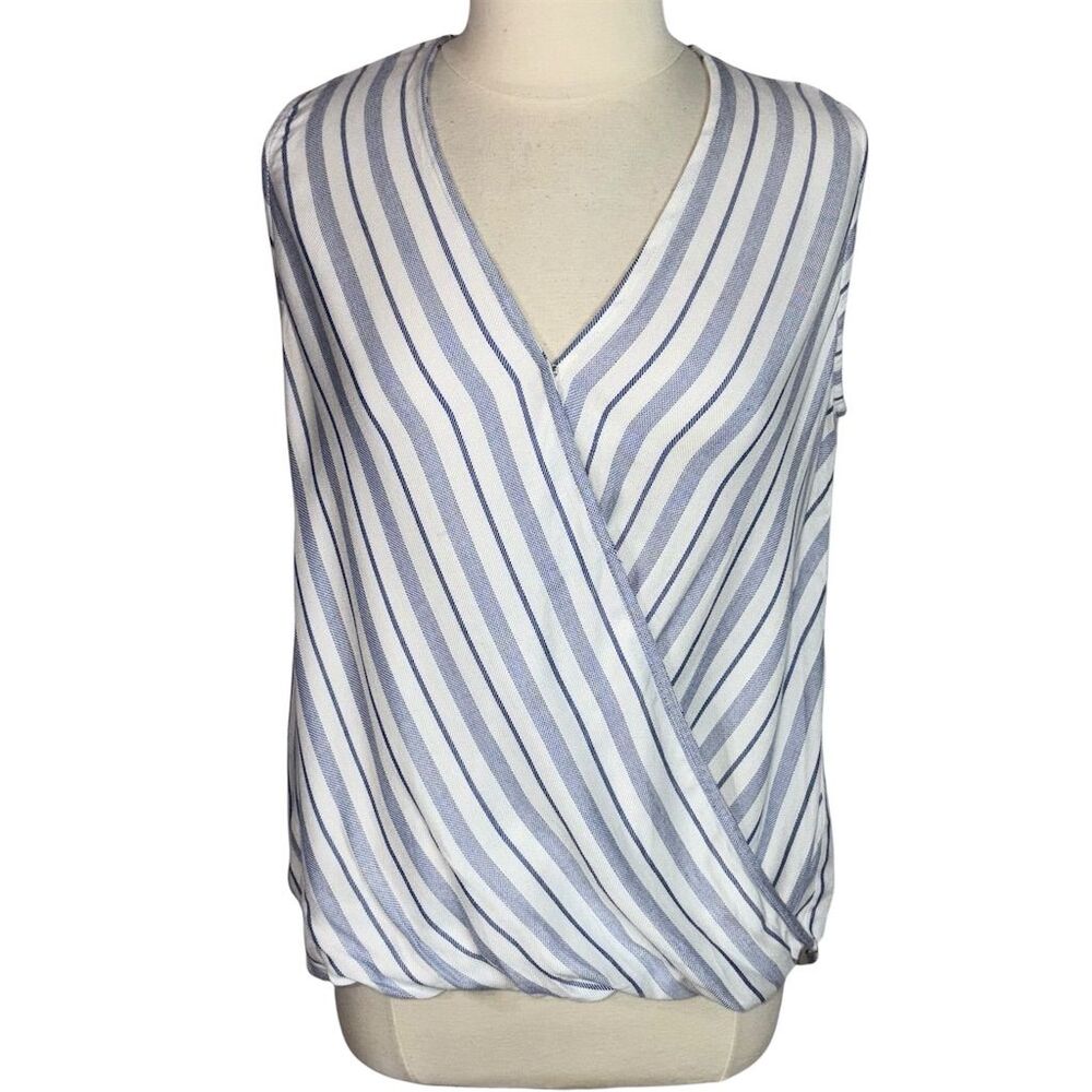 Kut from the Kloth Women's Blue & White Striped Sleeveless Wrap Surplice Blouse